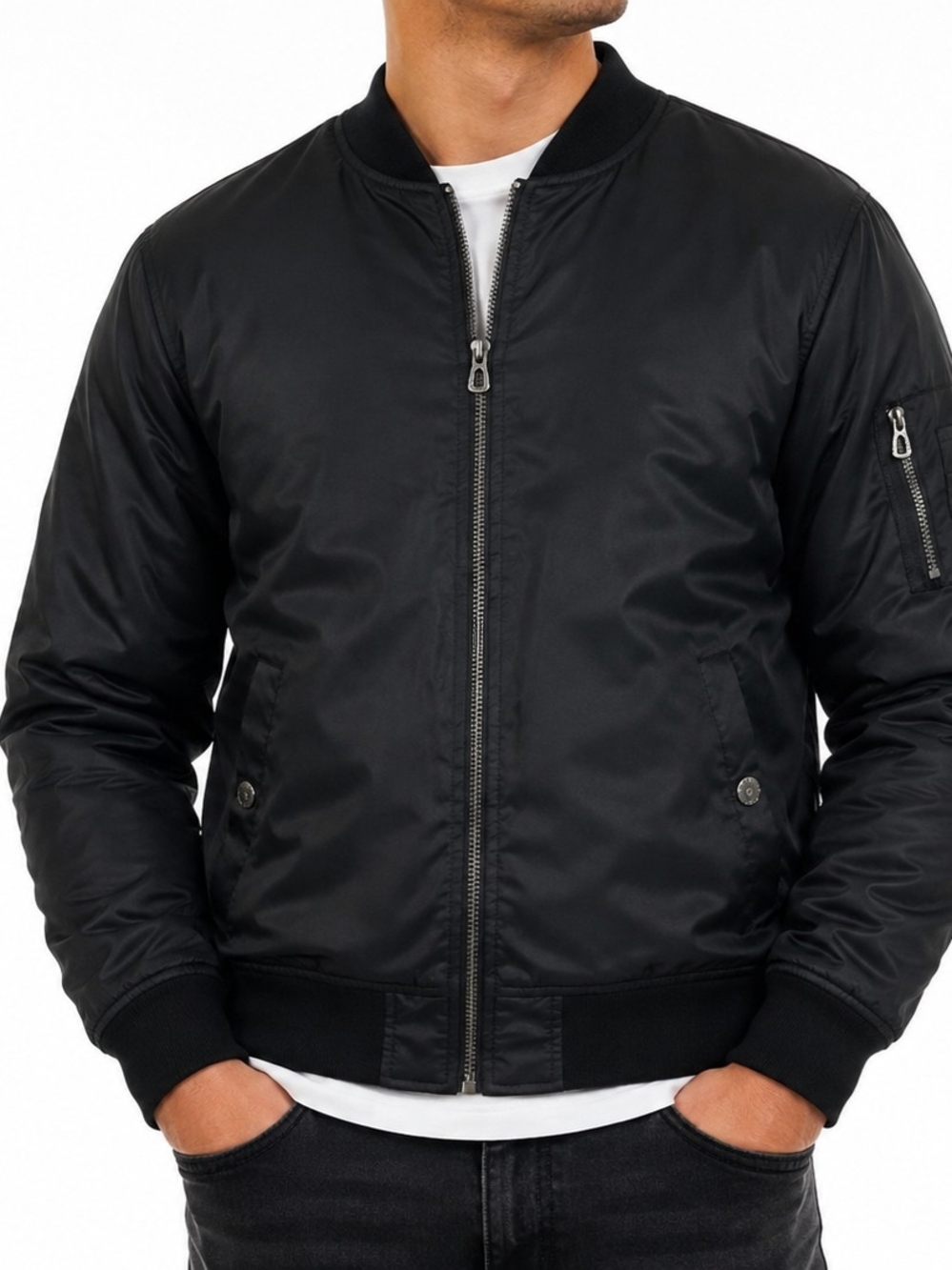 Men's Black Bomber Jacket with Zip Closure